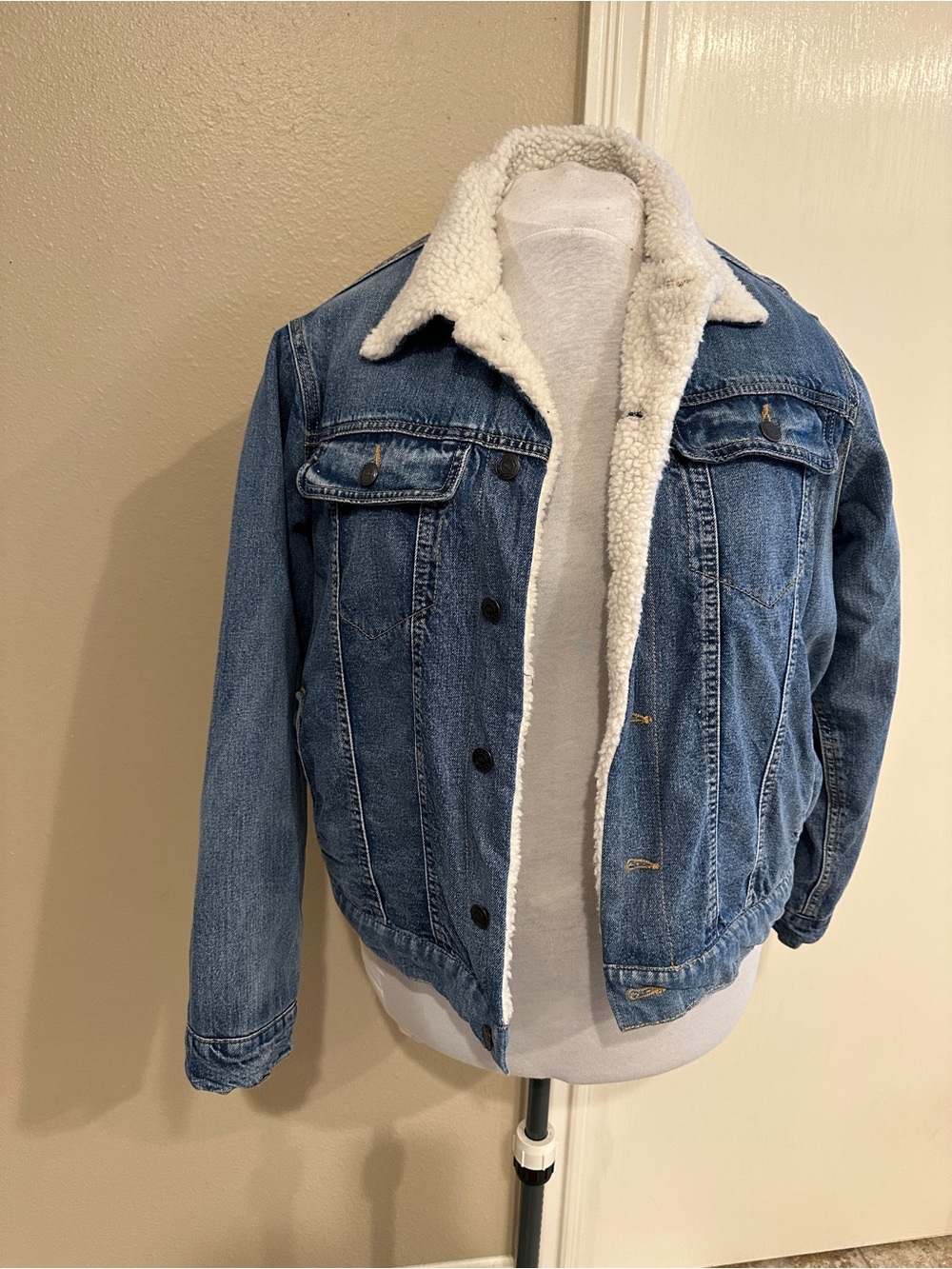 Able Dark Blue Denim Jacket with Cream Sherpa Trim Detail